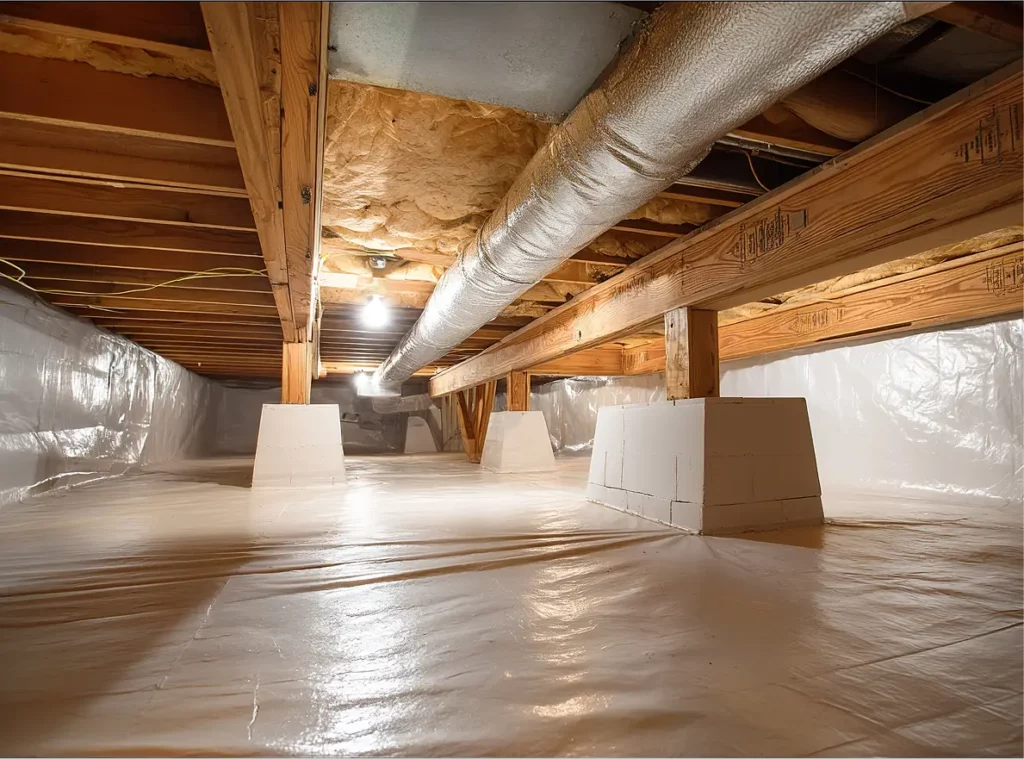 Clean encapsulated crawl space with a white vapor barrier and subfloor insulation.