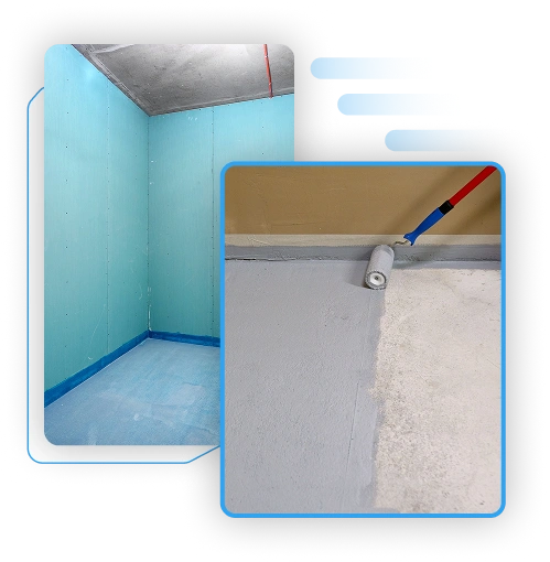 Split view contrasting a blue-painted basement wall section with a smooth concrete repair area.