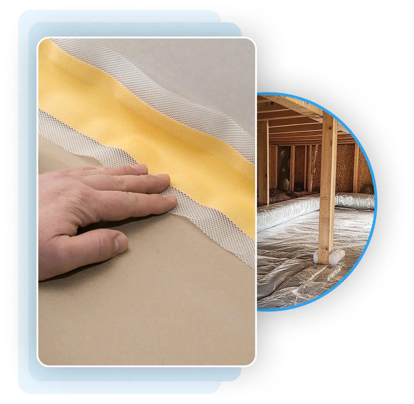 Applying yellow seam tape to seal moisture barrier joints and a crawl space with a reflective foil vapor barrier.