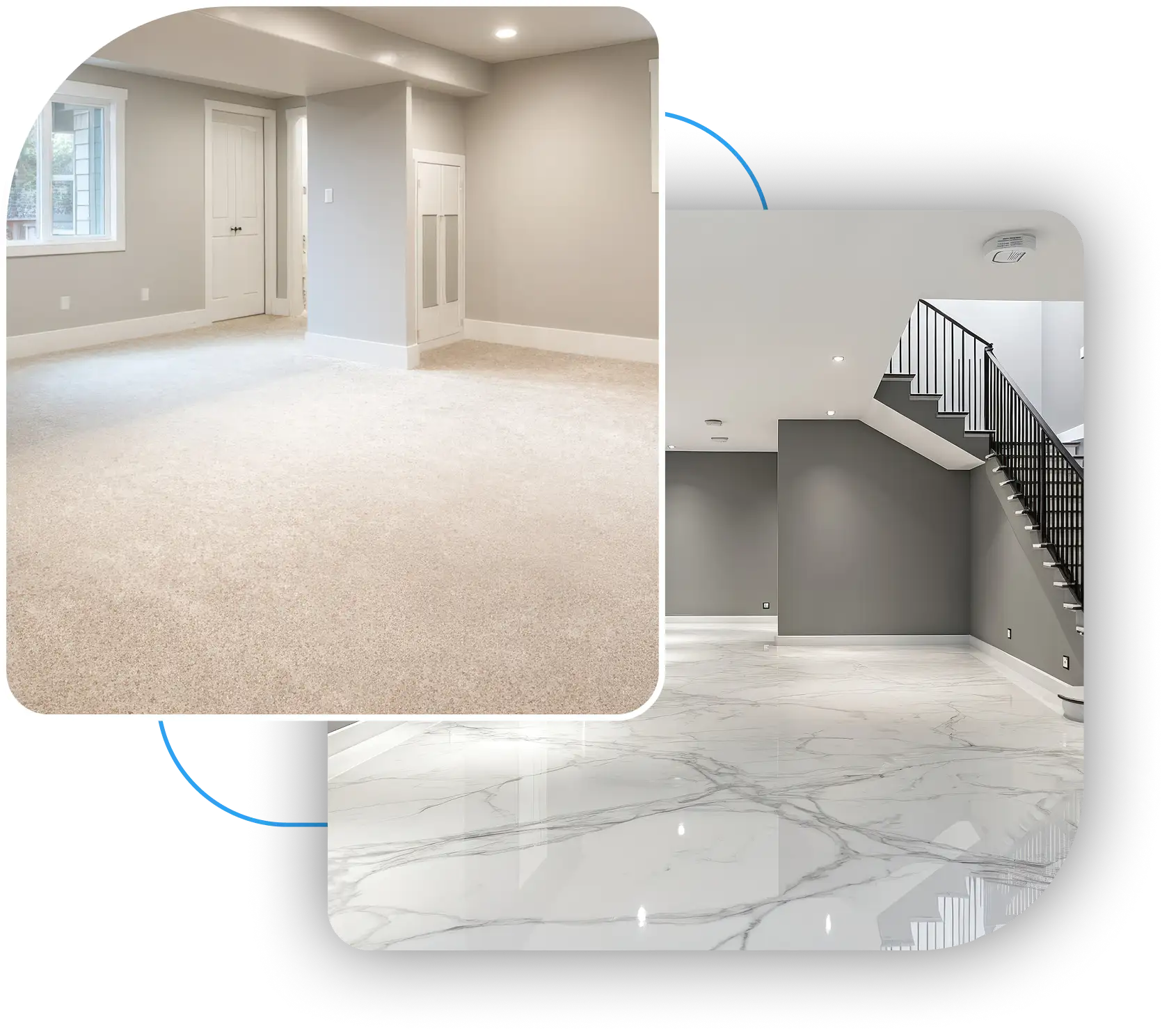 Finished basement interiors featuring carpet and marble tile floors.