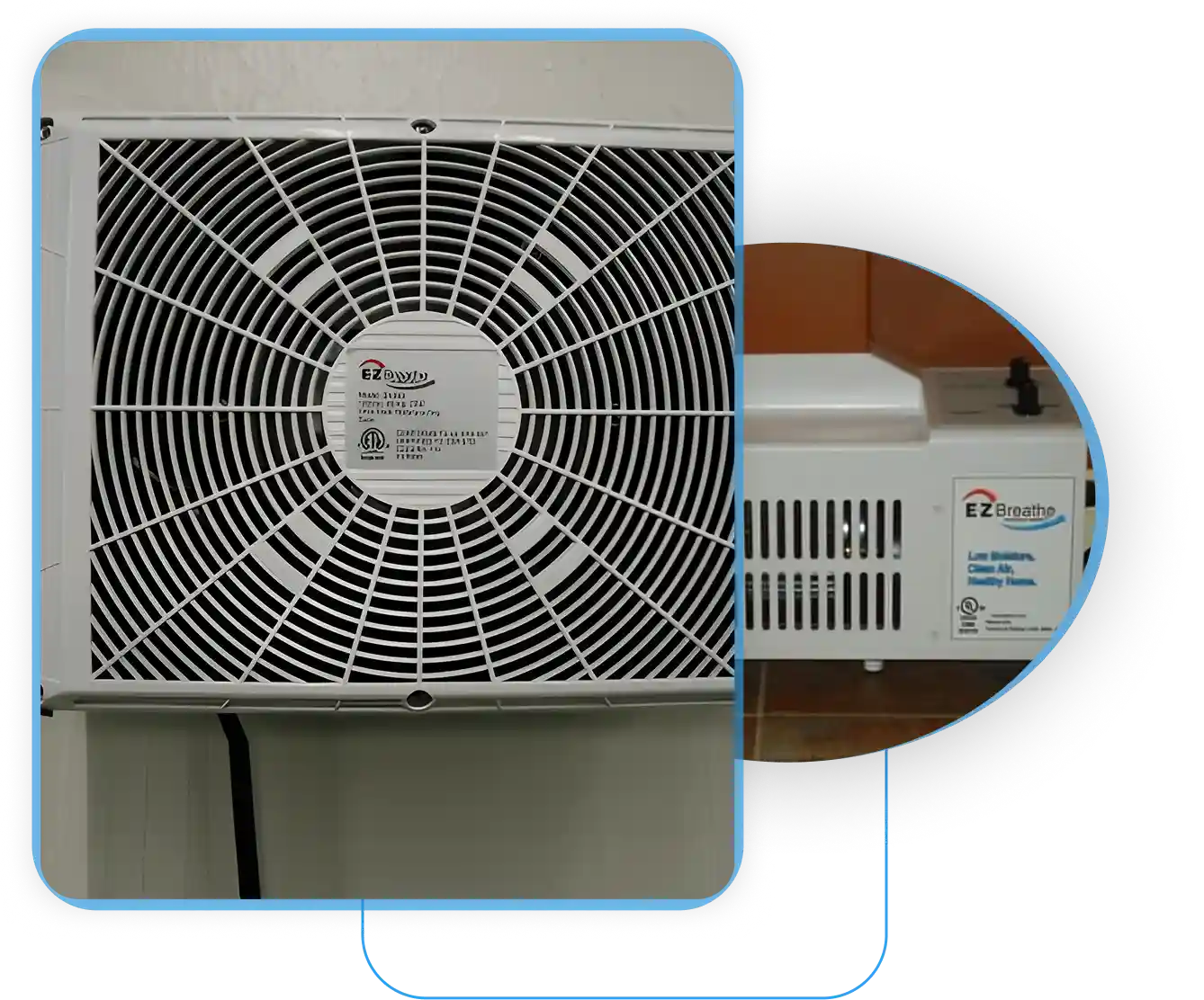 Indoor air purification and ventilation unit installed in a finished basement wall.