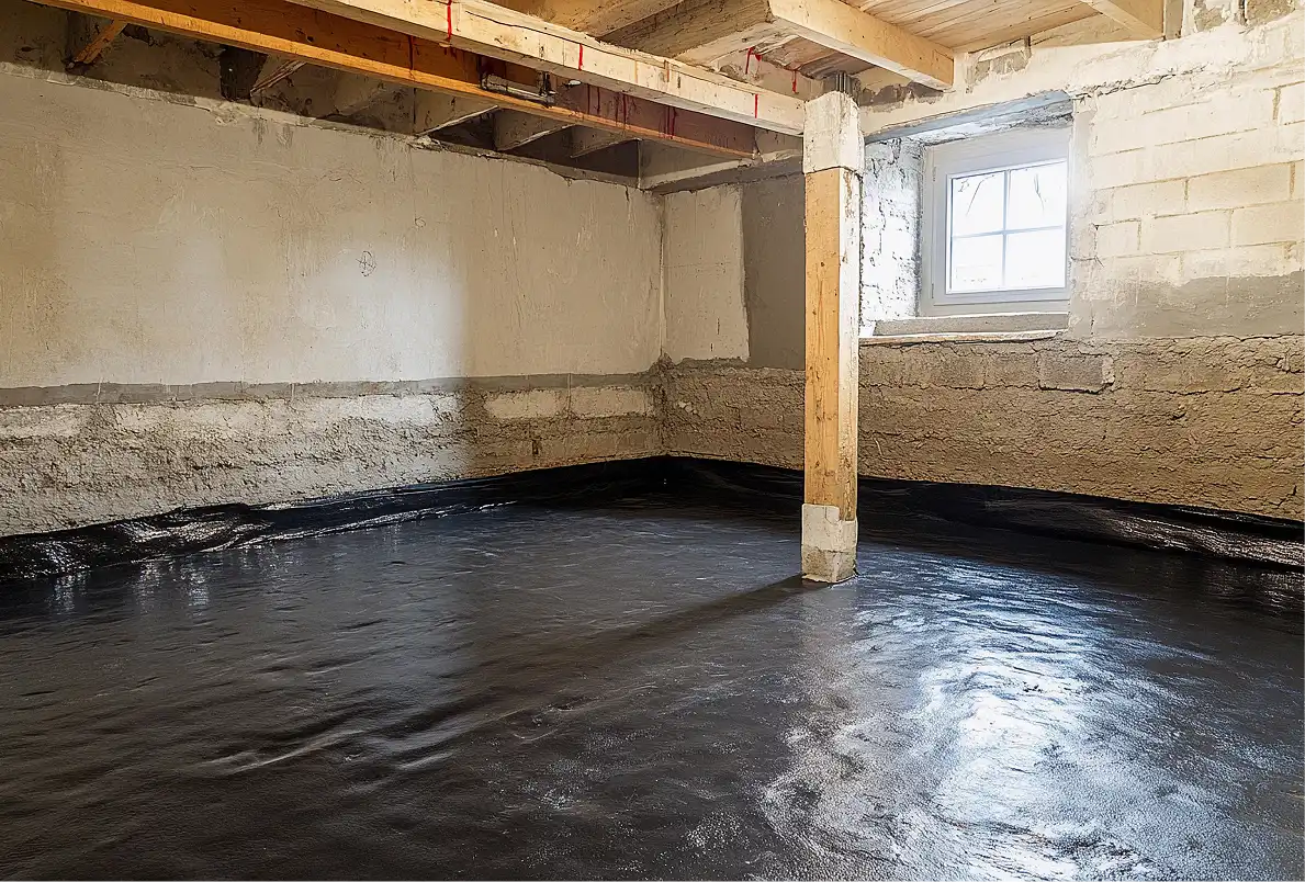 Basement floor covered with a black plastic vapor barrier.