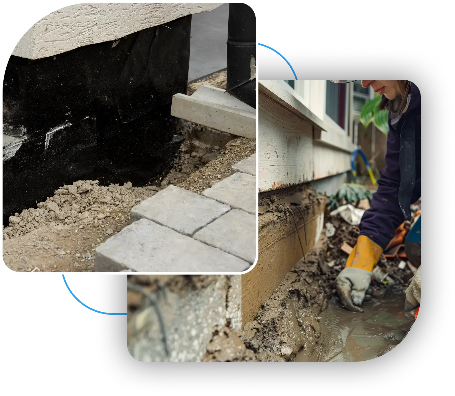 Exterior foundation waterproofing process showing black moisture barrier and trench excavation.