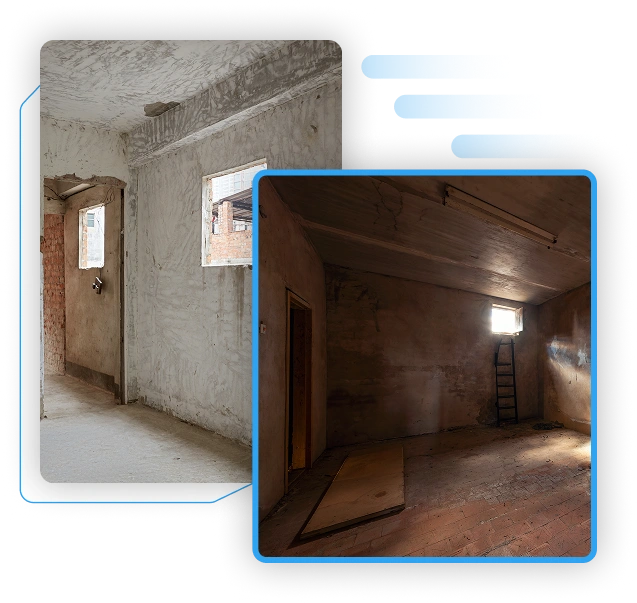 Comparison of a dark unlit basement corridor and a brightly lit finished basement hallway.