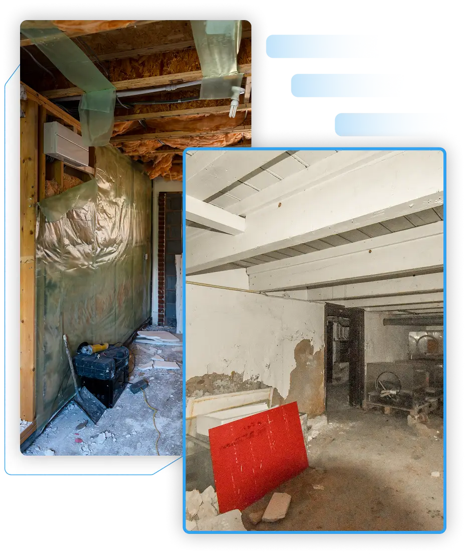Collage of an unfinished basement renovation showing exposed white ceiling joists and wall framing covered by a protective green plastic vapor barrier.
