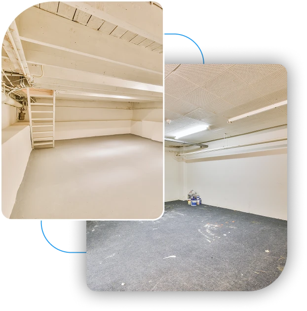 Basement storage area showing wooden shelving and structural walls treated with spray foam insulation.
