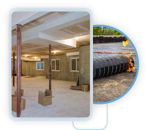 Unfinished basement interior showing steel columns and exterior installation of corrugated drainage pipe.