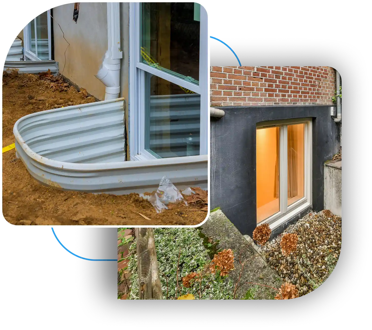 Corrugated metal and finished basement window wells.