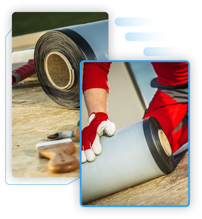 Basement waterproofing professionals installing white membrane and corrugated black drainage pipes.